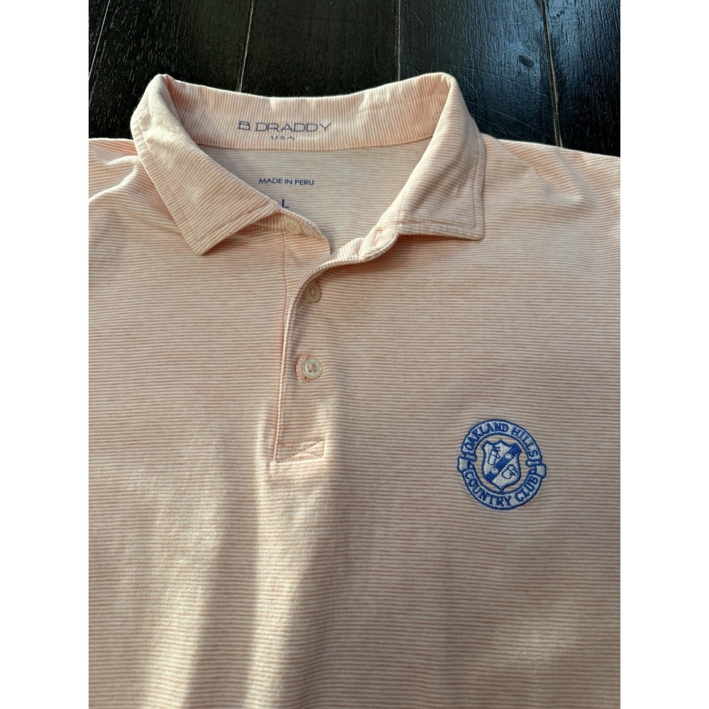 B Draddy USA Polo Shirt L Coral White Stripe Oakland Hills Country Club Golf